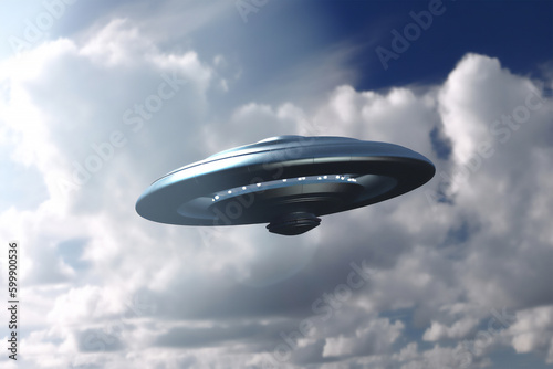 UFO flying saucer spaceship from outer space which is an extra-terrestrial alien craft to planet Earth and an unidentified aerial phenomena  computer Generative AI stock illustration image