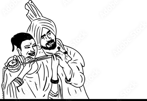 Bringing the music to life: Sketch drawing of Punjabi male and female singers playing Indian instruments