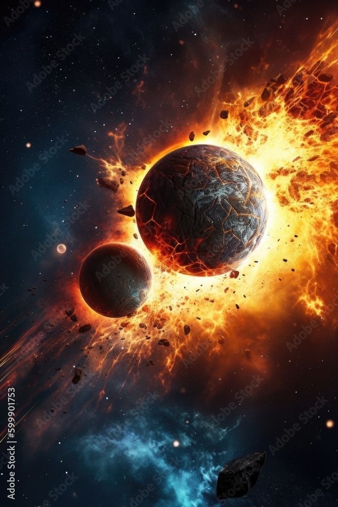 Two massive planets colliding in space causing a massive explosion, Ai ...