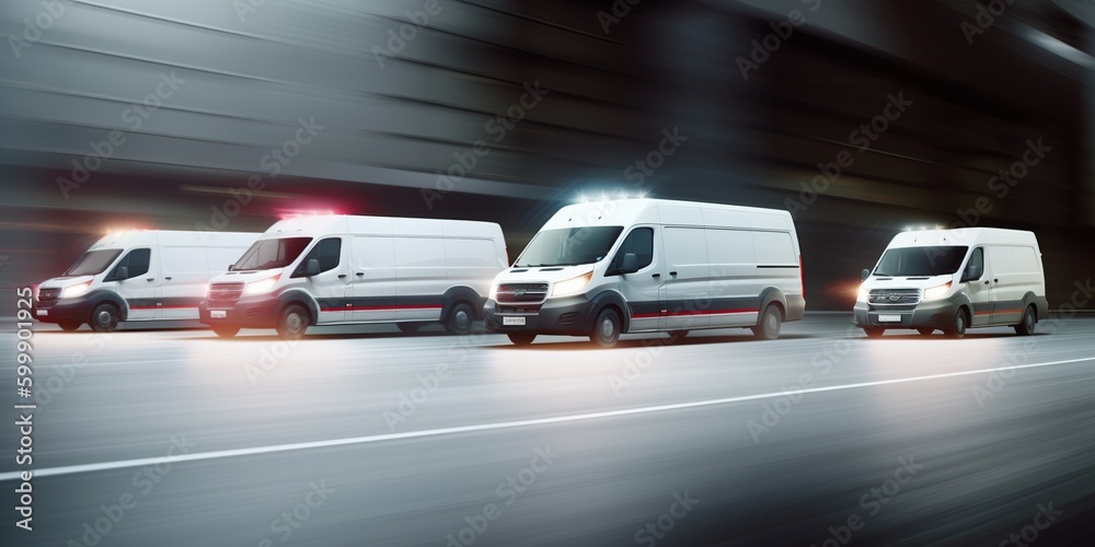 A fleet of delivery vehicles with their engines revving, displayed against a dynamic, fast-paced background, concept of Motion blur, created with Generative AI technology
