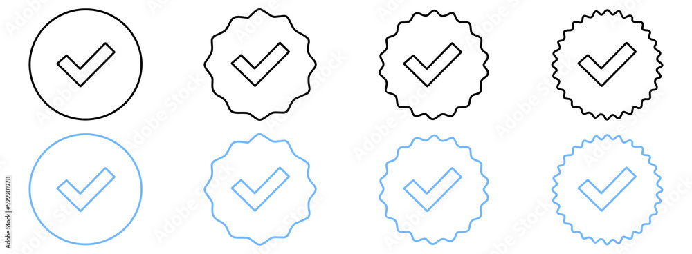 Account verification check mark icon collection. Social media verification  icons. Verified badge profile set. Blue check mark vector icon Stock Vector