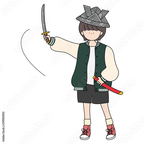 新聞のカブトをかぶっておもちゃの刀を抜くスタジャンの女の子