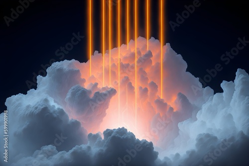 Abstract High-Tech Design: Neon Lines Crossing Nighttime Clouds on a Dark Background - Perfect for Wallpaper, Backgrounds, and Banners with a Modern Vision and Breakthrough Style