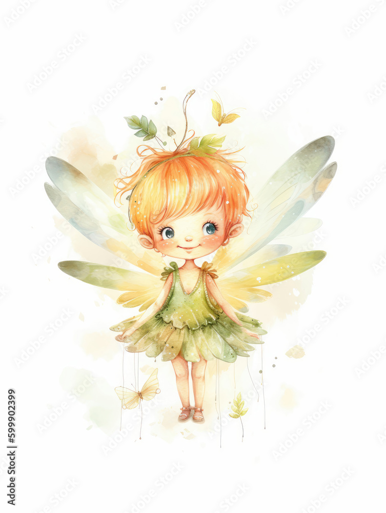 Watercolor Cute Fairy Cartoon Nursery Illustration Isolated on White Background. Colorful Digital Animal Art for Kids Watercolor Cute Fairy Cartoon Nursery Illustration Isolated on White Background. Colorful Digital Animal Art for Kids