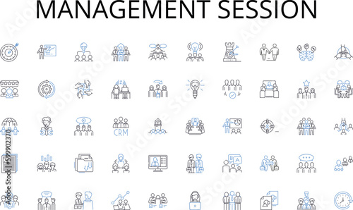 Management session line icons collection. Discussion, Appointment, Assembly, Conference, Conclave, Encounter, Rendezvous vector and linear illustration. Summit,Consultation,Session outline signs set photo