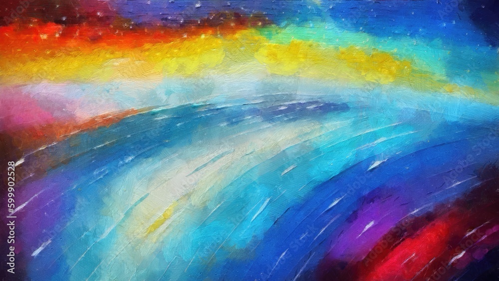 Abstract painting of colorful starry sky and sea on canvas background.