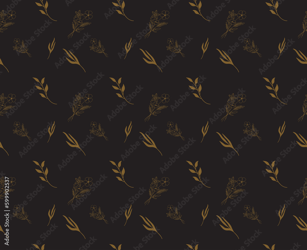 Fototapeta premium Golden Seamless Floral and Leafy Botanical Pattern on Dark background