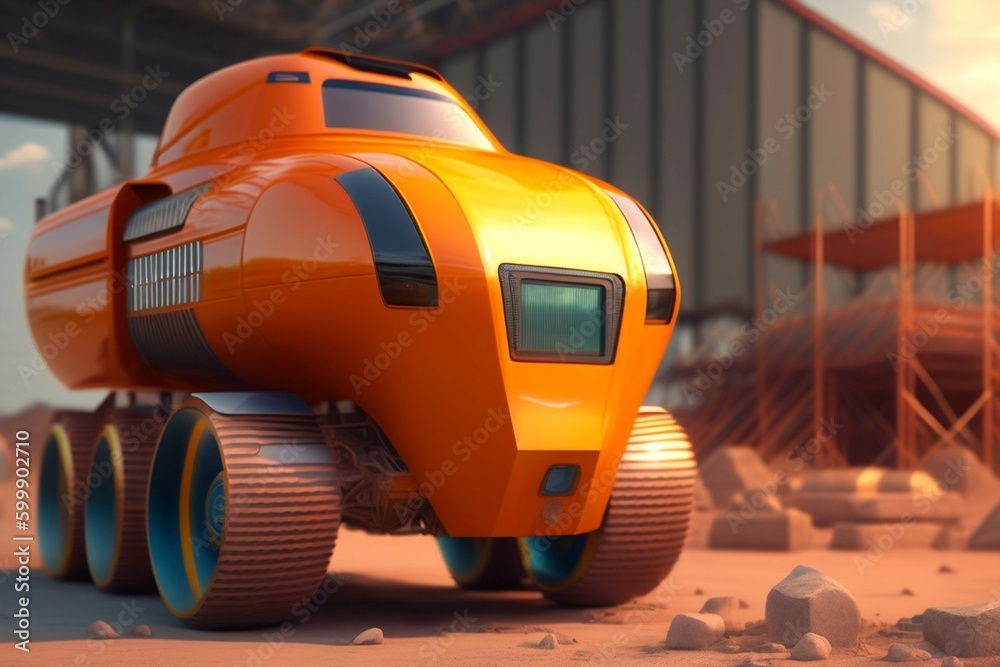 Sci fi movie, robotic futuristic vehicle in a construction site with other robotic construction vehicles. AI generated. Sci fi movie, robotic futuristic vehicle in a construction site with other robotic construction vehicles. AI generated.