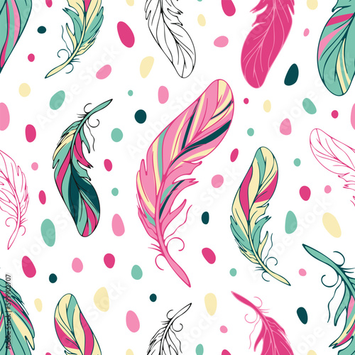 Feathers seamless bright ethnic pattern in boho style. Color spots in neon vintage colors. Tribal theme, 90s, hippie, psychedelic, dream catchers, boho chic. For wallpaper, fabric, background.