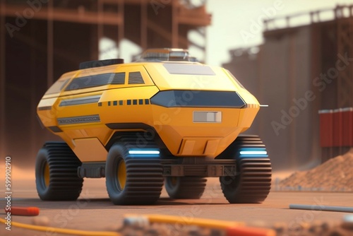 Sci fi movie, robotic futuristic vehicle in a construction site with other robotic construction vehicles. AI generated.