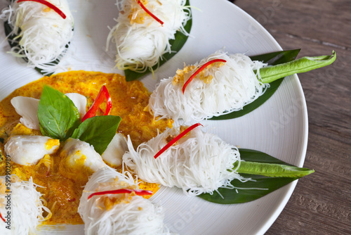 Thai rice noodle eaten with yellow curry, style southern of thailand