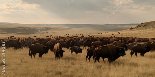 A herd of bison grazing in a vast, open field, concept of Nature conservation, created with Generative AI technology