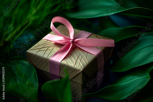 Tenderly wrapped Mother's Day present adorned with a vibrant pink ribbon, set against a backdrop of lush green leaves.