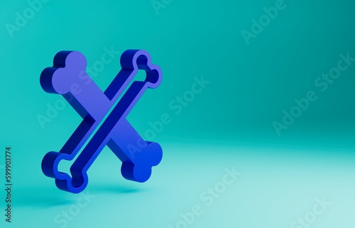 Blue Crossed bones icon isolated on blue background. Pets food symbol. Happy Halloween party. Minimalism concept. 3D render illustration © Kostiantyn