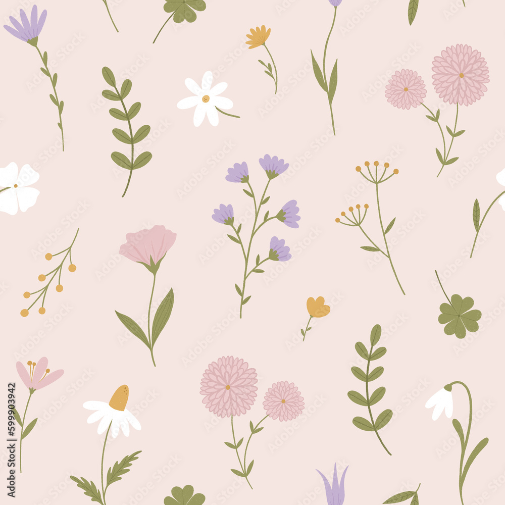 Cute summer colorful botanical floral seamless pattern with different wildflowers on a pink background