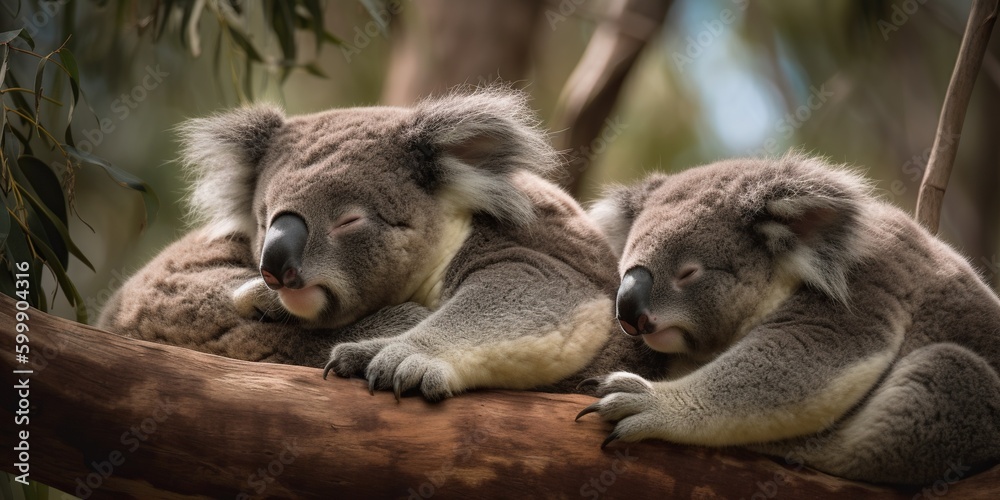 Fototapeta premium A family of koalas sleeping in the branches of a eucalyptus tree, concept of climbing behavior, created with Generative AI technology