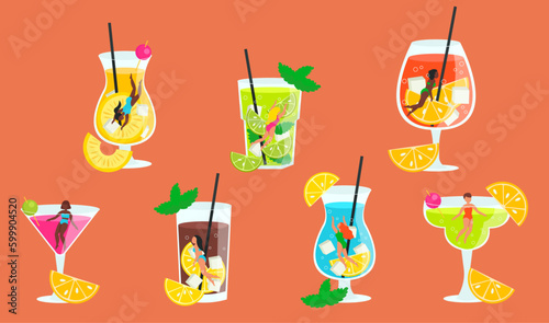Set of glasses with delicious cold drinks. Inside them swim different girls in swimsuits. Vector graphic.