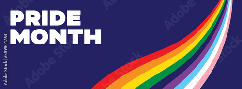 Pride Month Banner. LGBTQ+ Pride Month Web Banner Design Template with 'Pride Month' Text and Inclusive LGBT Pride Flag Illustration. 