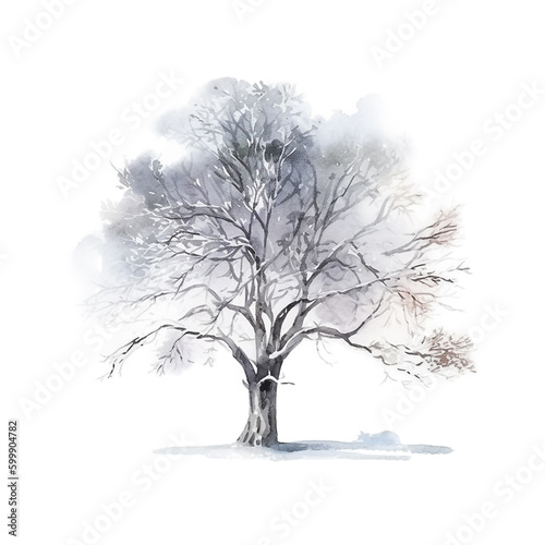 Watercolor snow-covered tree isolated on white. 