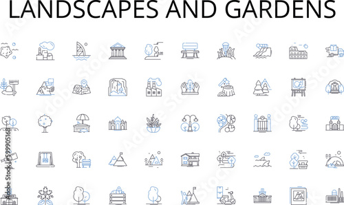 Landscapes and gardens line icons collection. Distributor, Inventory, Supplier, Volume, Resale, Wholesale, Bulk vector and linear illustration. Supply,Trade,Stock outline signs set
