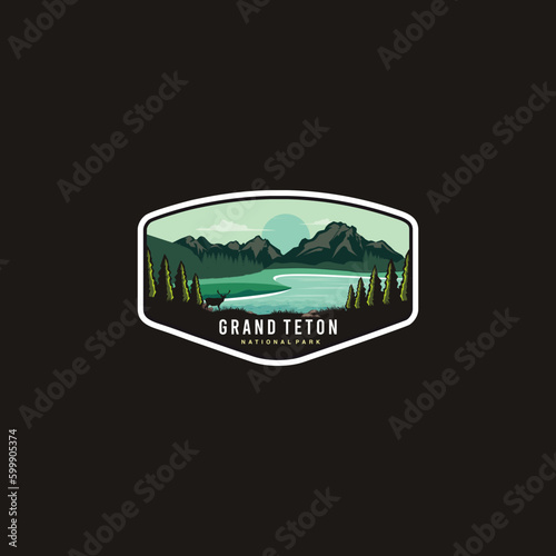 Emblem sticker patch logo illustration of Grand Teton National Park on dark background