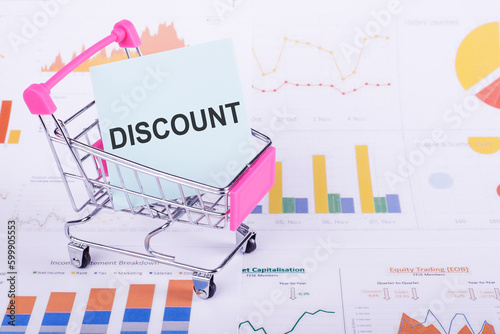 Discount concept. Photo of shopping trolley on a financial background