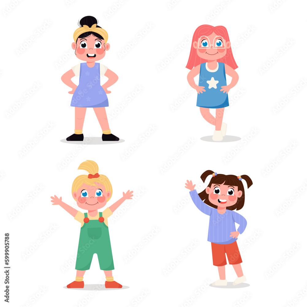 Set of happy children girls standing in different poses in flat style
