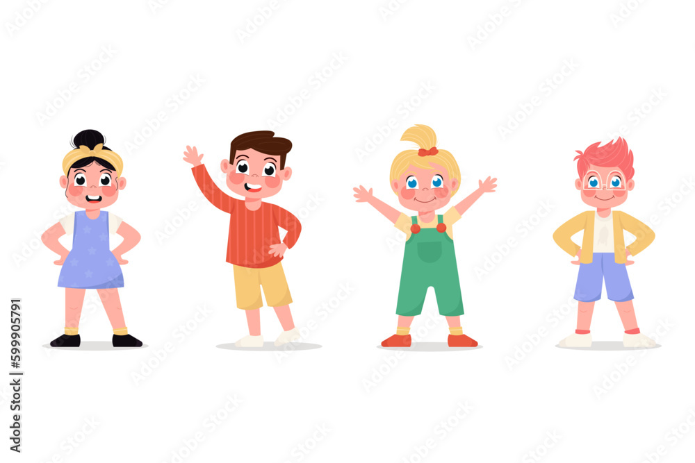Set of happy children girls and boys standing in different poses in flat style