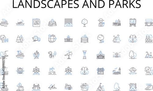 Landscapes and parks line icons collection. Examination, Appraisal, Assessment, Critique, Scrutiny, Interpretation, Judgement vector and linear illustration. Review,Breakdown,Diagnostics outline signs