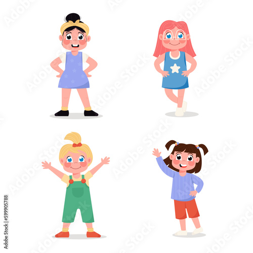Set of happy children girls standing in different poses in flat style