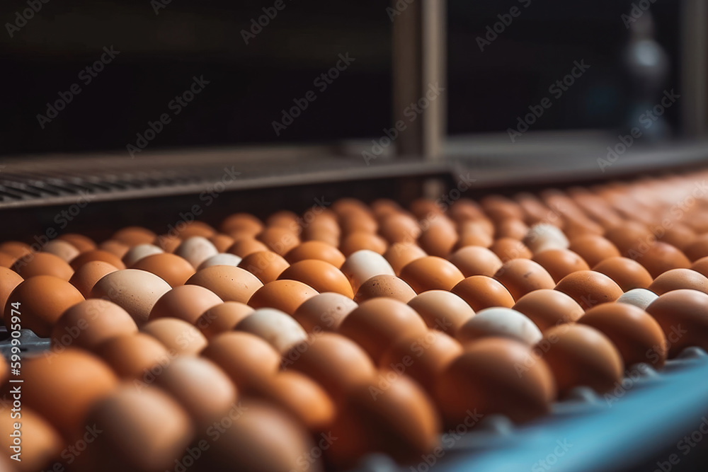 Chicken eggs move along conveyor in a poultry farm. Farming, agriculture, factory, food industry. Generative AI Chicken eggs move along conveyor in a poultry farm. Farming, agriculture, factory, food industry. Generative AI
