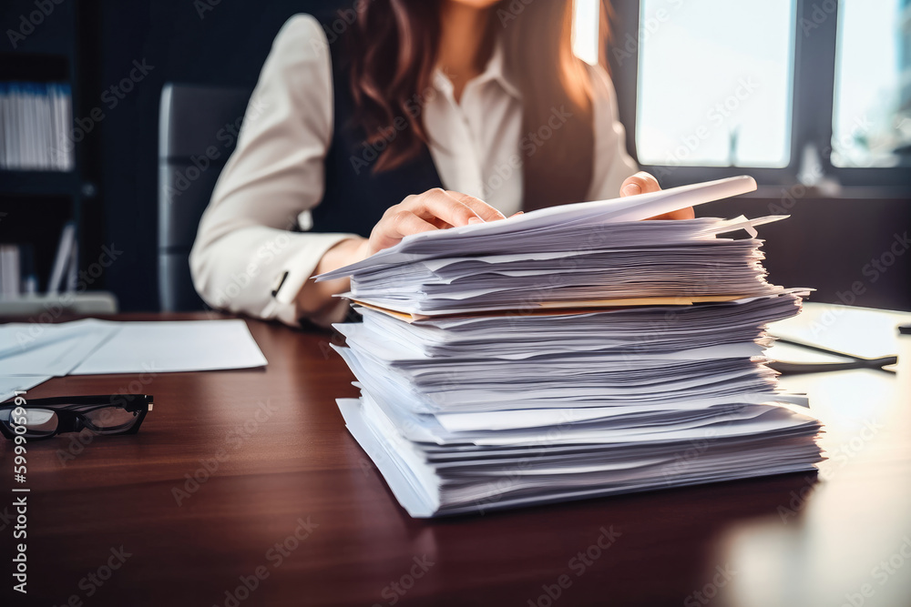 Business woman with stack of papers in the office. Overworking, stressful and busy day in the office. Generative AI Business woman with stack of papers in the office. Overworking, stressful and busy day in the office. Generative AI