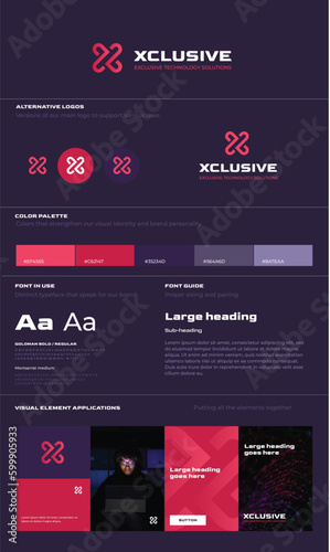 Logo Design and brand visual board guide. Red x letter professional brand board.