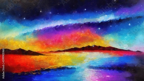 Colorful night sky with stars over the lake. Digital painting. © Katsiaryna