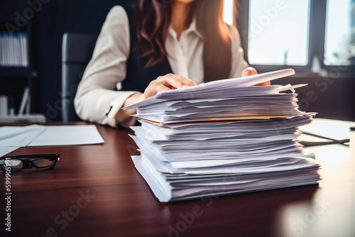 Business woman with stack of papers in the office. Overworking, stressful and busy day in the office. Generative AI
