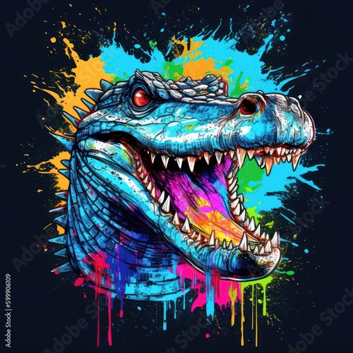 Colorful Crocodile Head with Dark Bronze and Azure Neonpunk Style for Posters and Web. Generative AI © Alexander