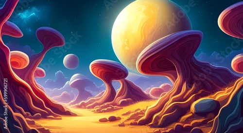 Generative AI Landscapes of space/planet magic forests full of adorable aliens