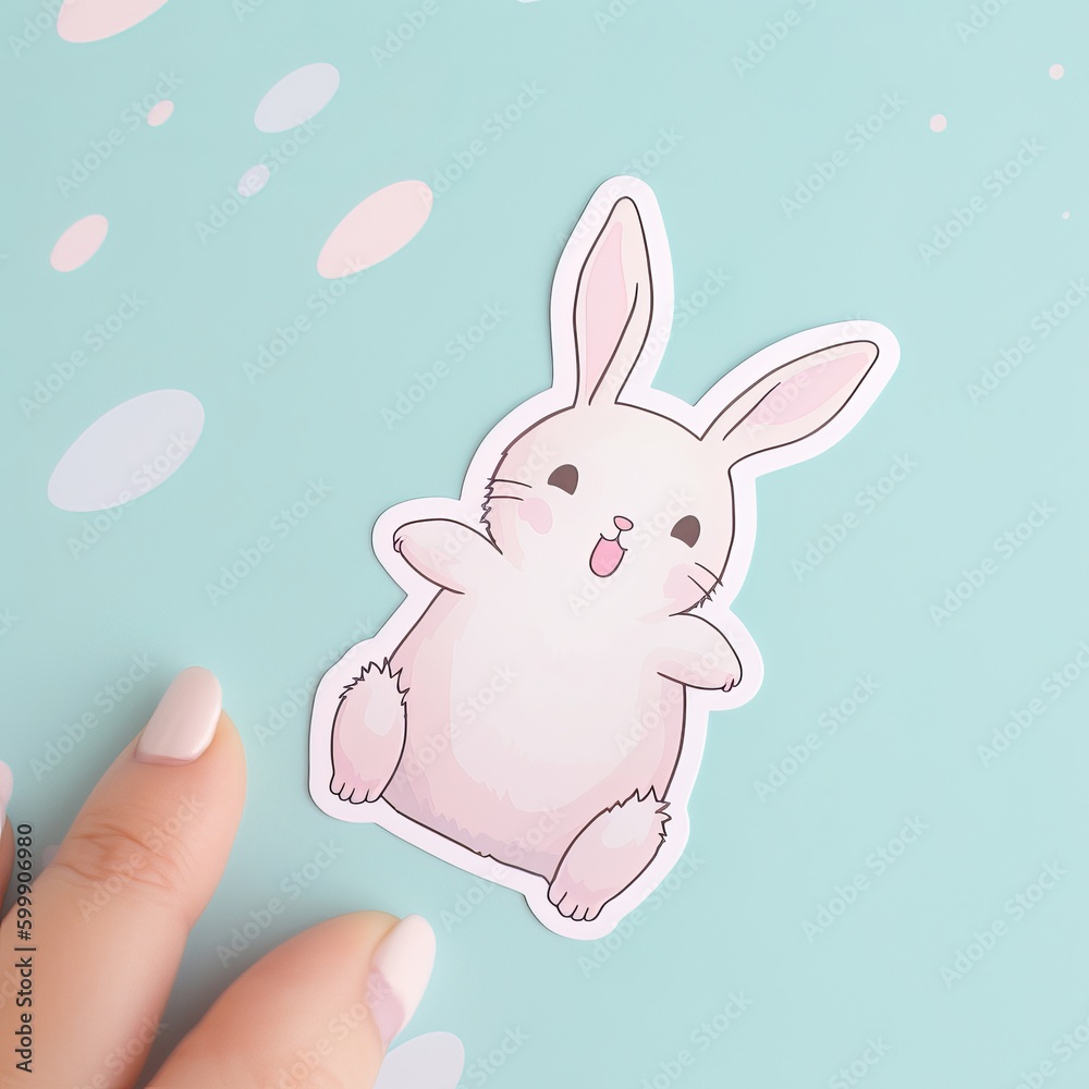 Obraz premium A cute cartoon rabbit sticker with a blue background, exuding playful and cheerful vibes. The rabbit is depicted in a delightful and animated pose, Generative AI