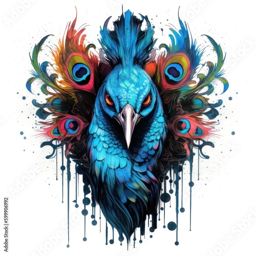 Dark Bronze and Azure Neonpunk Lith Print of a Colorful Peacock Head. Perfect for Posters and Invitations. Generative AI photo