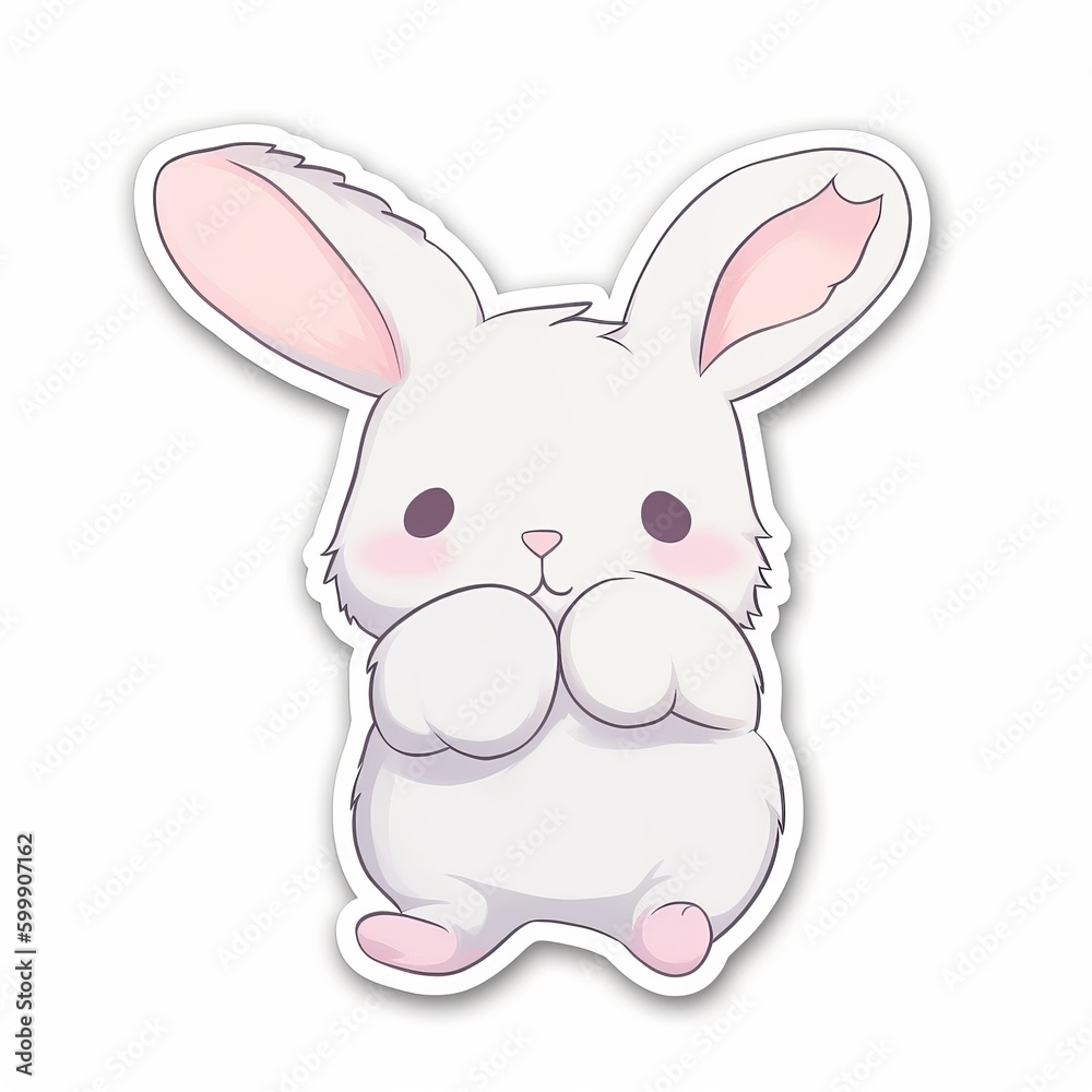 Obraz premium A cute cartoon rabbit sticker with a white background, exuding playful and cheerful vibes. The rabbit is depicted in a delightful and animated pose, Generative AI