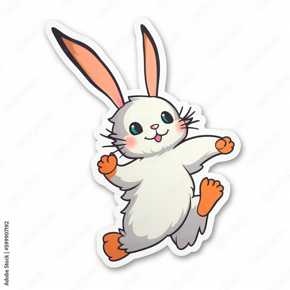 Obraz premium A cute cartoon rabbit sticker with a white background, exuding playful and cheerful vibes. The rabbit is depicted in a delightful and animated pose, Generative AI