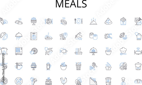 Meals line icons collection. Digital, Virtual, Electronic, Internet, Cyber, Web-based, Remote vector and linear illustration. Cloud-based,Online,E-commerce outline signs set