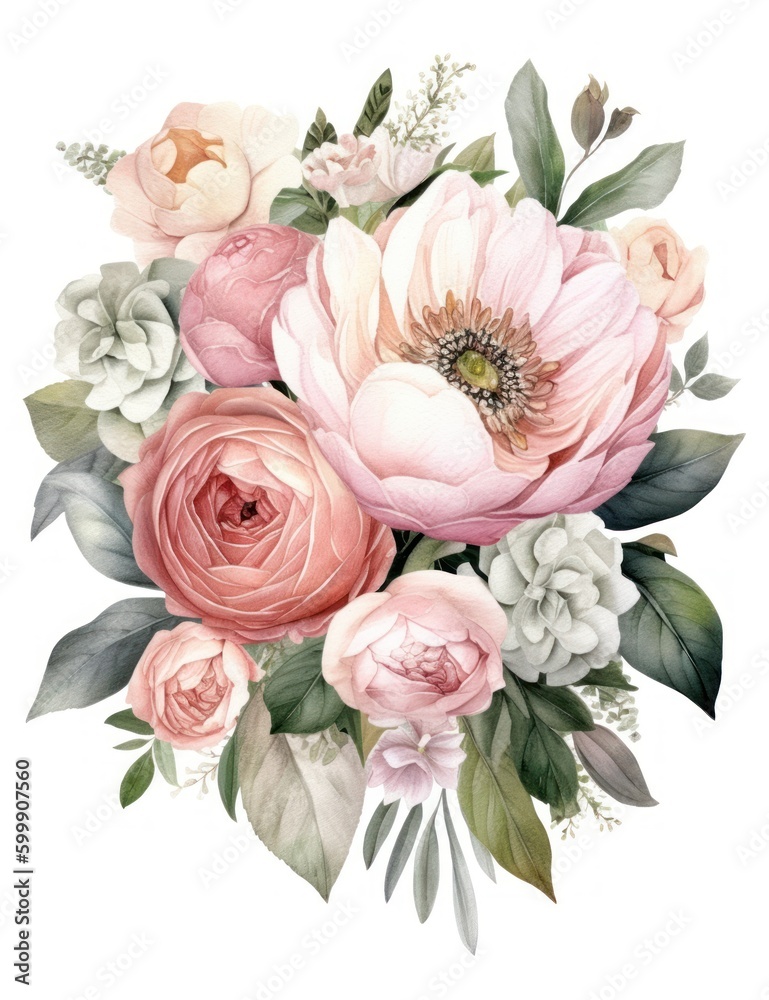 Elegant Wedding Bouquet with Small Eucalyptus Accent and Satin Watercolor. Perfect for Invitations and Scrapbooking. Generative AI