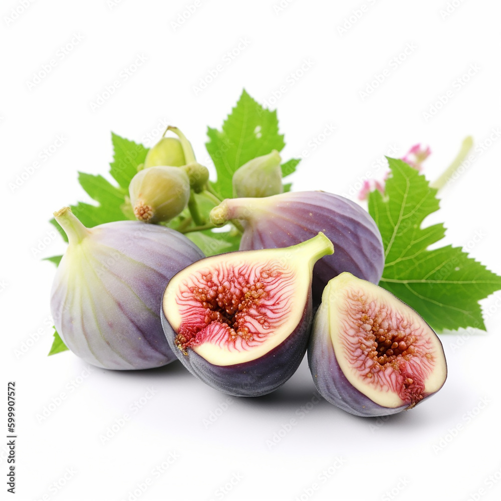 Obraz premium Ripe appetizing fig fruit and a half on a white background close-up, a healthy fruit, a good background for packaging design, ai generative