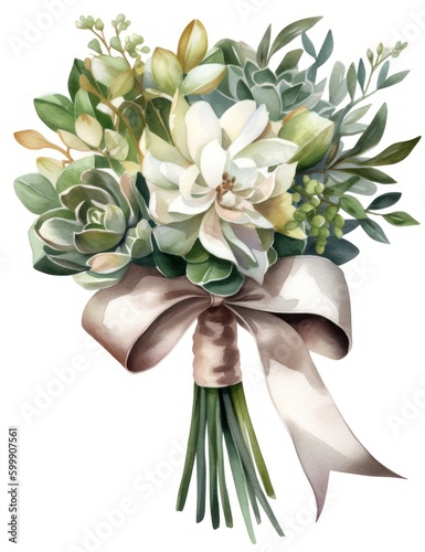 Elegant Wedding Bouquet with Small Eucalyptus Leaves Accent Stem. Perfect for Wedding Invitations and Decor. Generative AI
