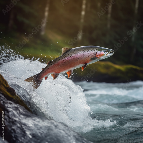 Red fish salmon trout jumps out of a mountain stream, a beautiful bright fish, a good background for packaging design, ai generative