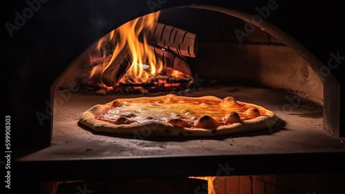 Pizza with Wood Fired Oven background, Traditional Neapolitan Style Italian Pizza, Freshly Baked Pizza in Pizzeria Kitchen, Hot and Tasty meal. Generative AI