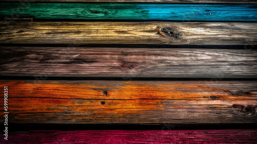An abstract colorful multicolour wood plank texture background. A.I. generated. 