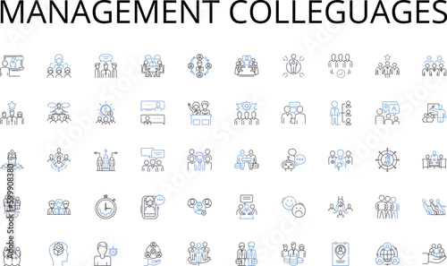Management colleguages line icons collection. Vision, Planning, Execution, Tactics, Alignment, Focus, Direction vector and linear illustration. Goal,Objective,Mission outline signs set