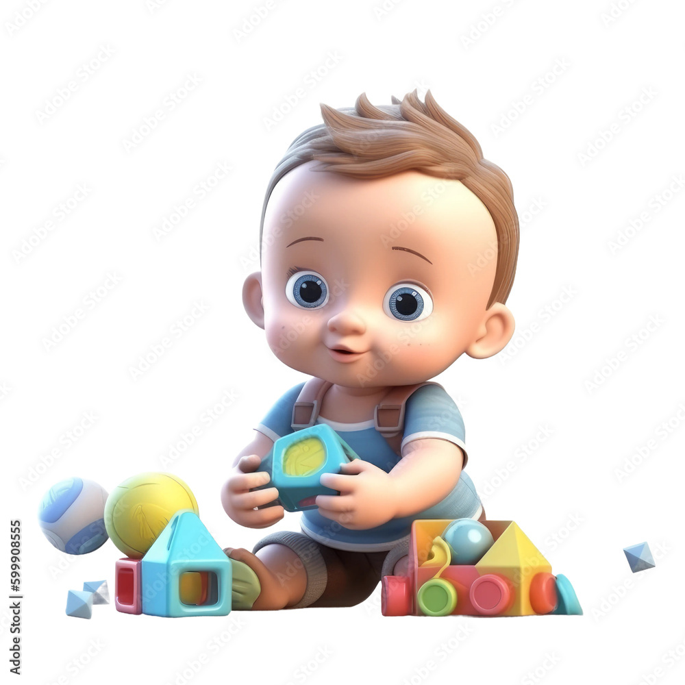Cute cartoon style baby boy play with toys. Transparent isolated background. AI generated Cute cartoon style baby boy play with toys. Transparent isolated background. AI generated